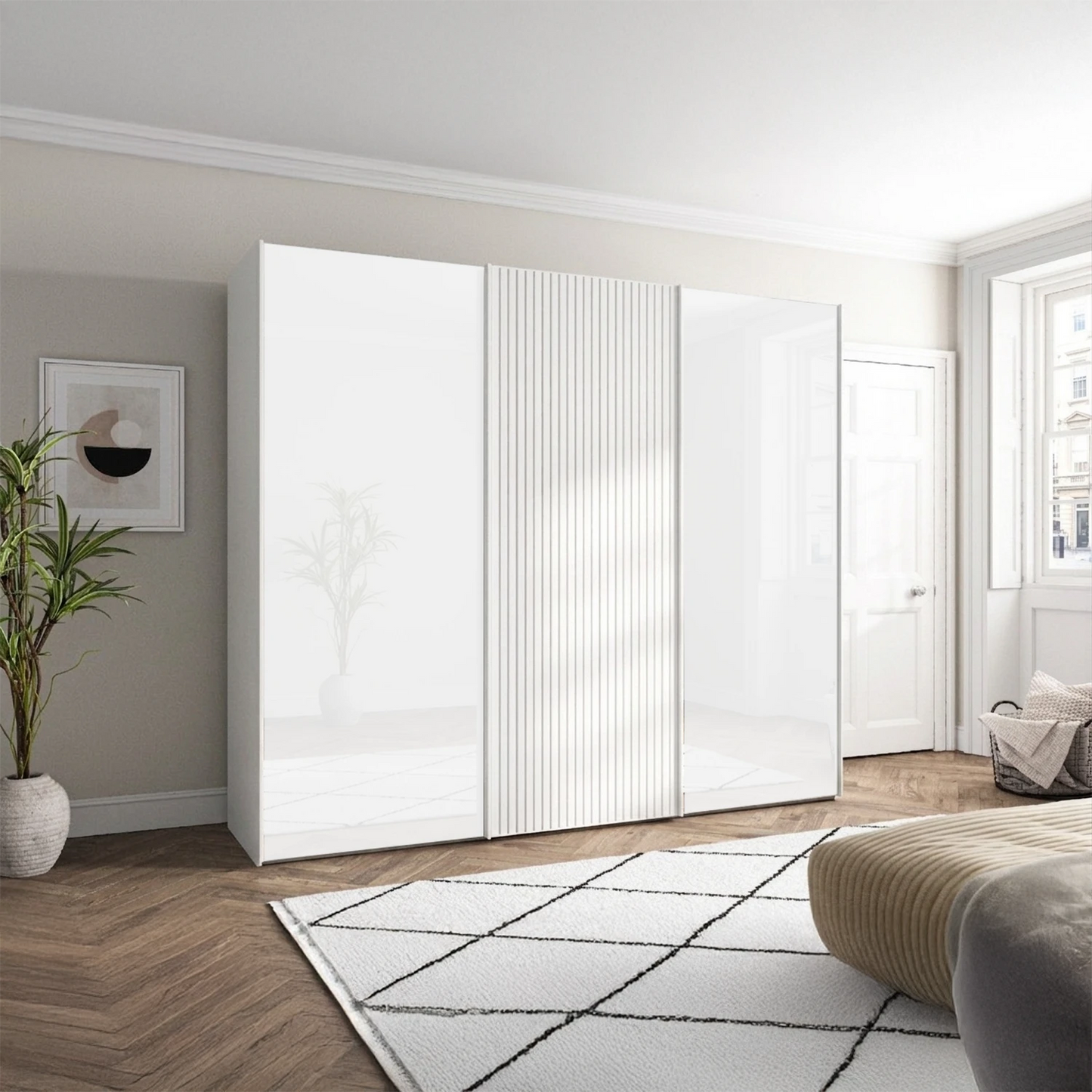 Wiemann Tulsa White Glass 3 Door Sliding Wardrobe with Decking on Middle  Door - Width 250cm