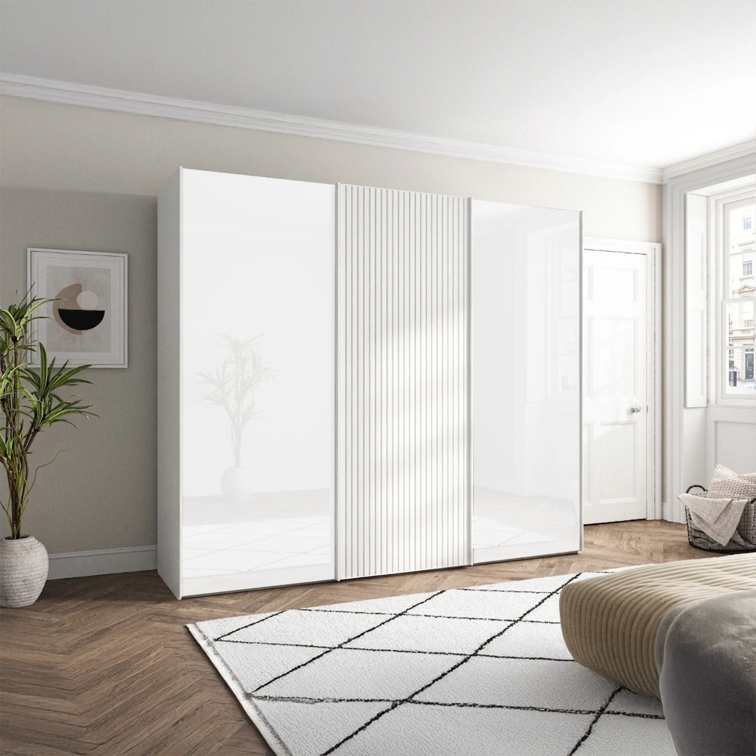 Wiemann Tulsa White Glass 3 Door Sliding Wardrobe with Decking on Middle  Door - Width 250cm