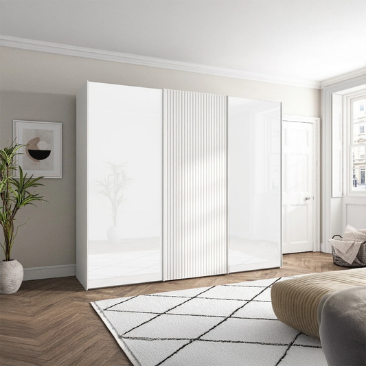 Wiemann Tulsa White Glass 3 Door Sliding Wardrobe with Decking on Middle  Door - Width 250cm