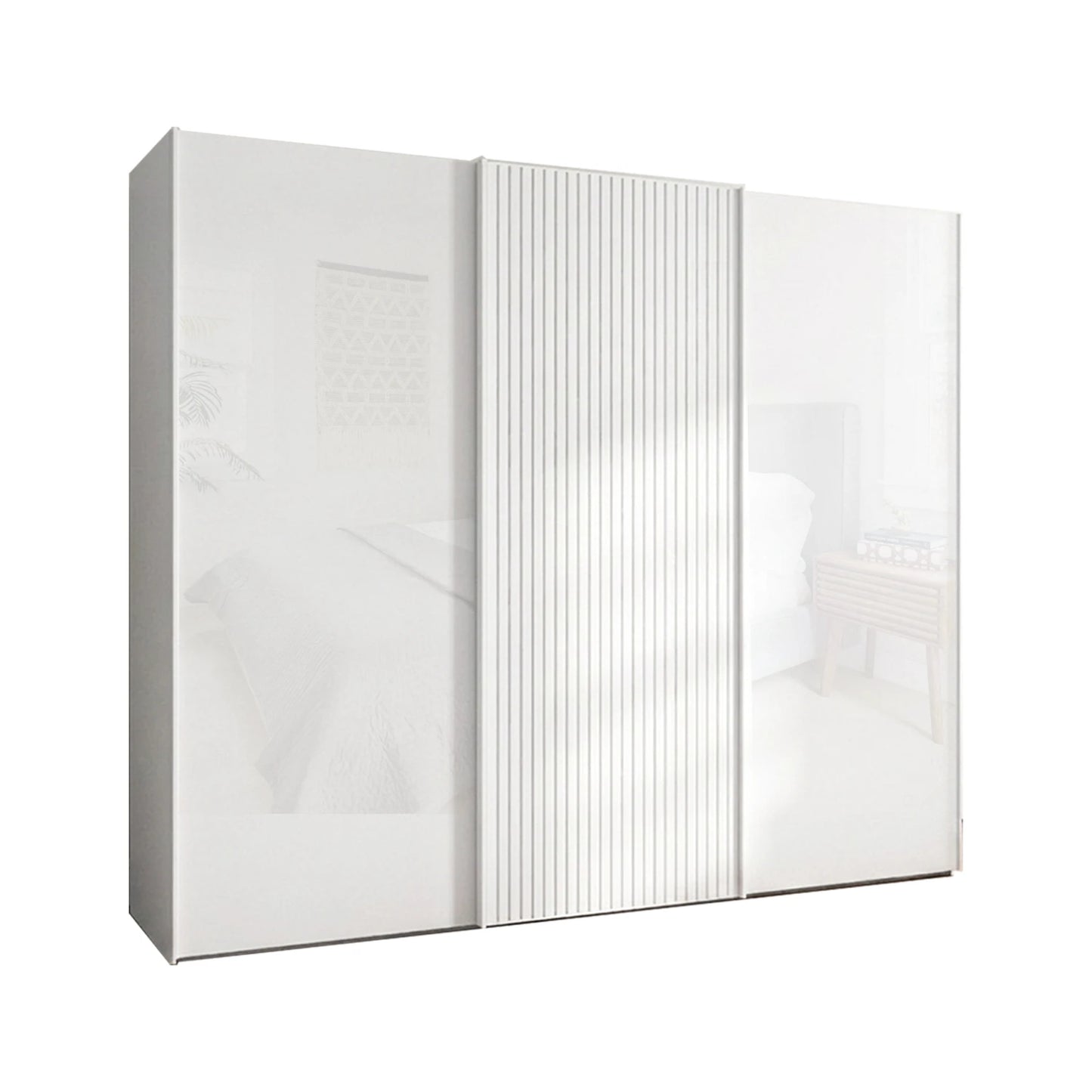 Wiemann Tulsa White Glass 3 Door Sliding Wardrobe with Decking on Middle  Door - Width 300cm