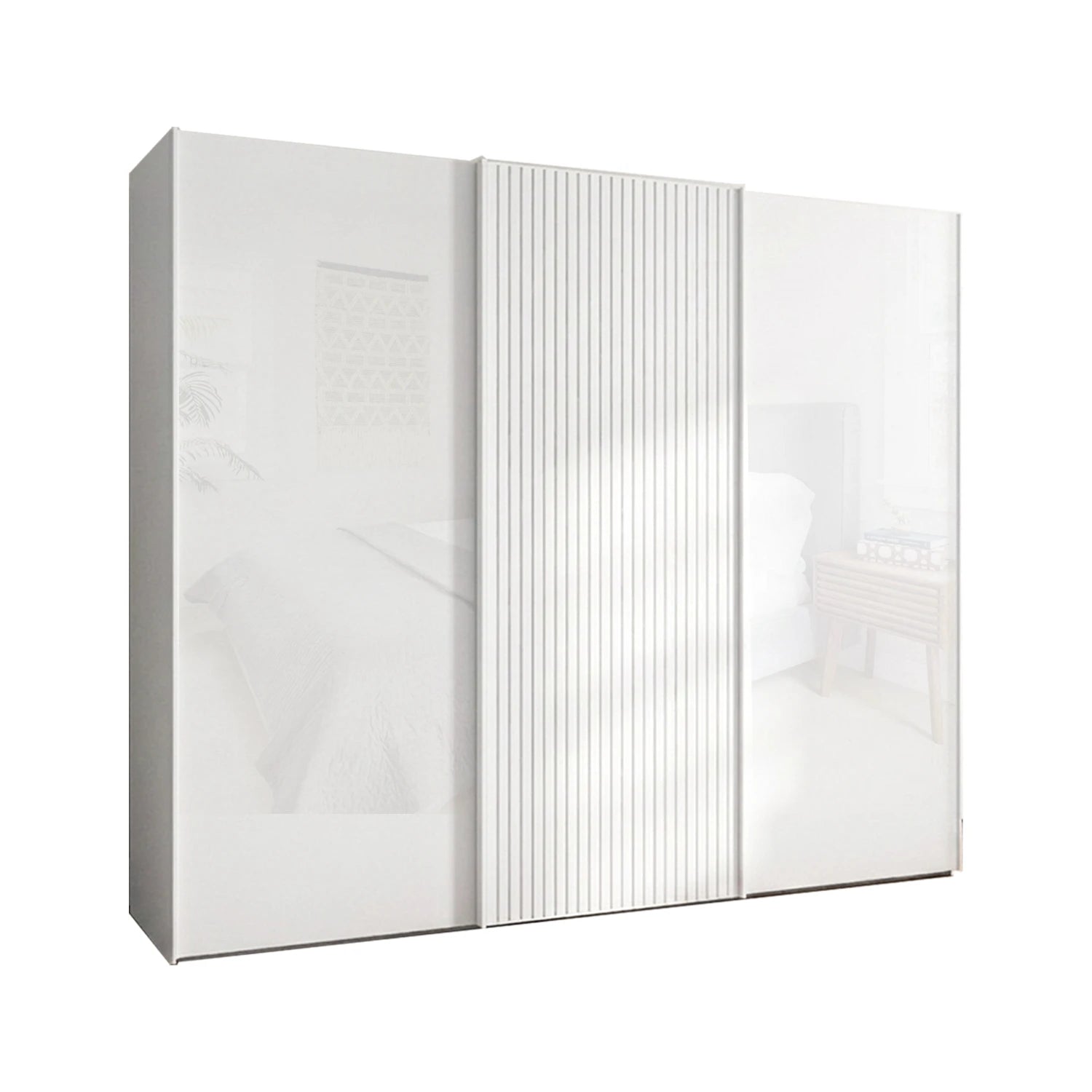 Wiemann Tulsa White Glass 3 Door Sliding Wardrobe with Decking on Middle  Door - Width 300cm