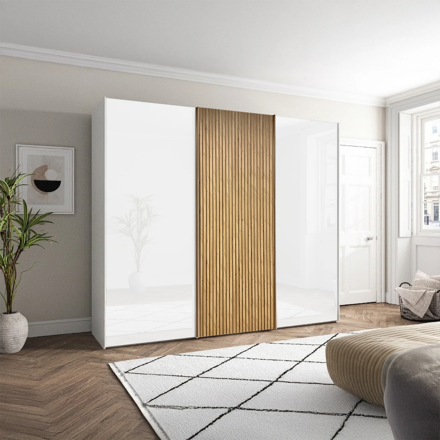 Wiemann Tulsa White Glass 3 Door Sliding Wardrobe with Oak Decking on Middle  Door - Width 250cm