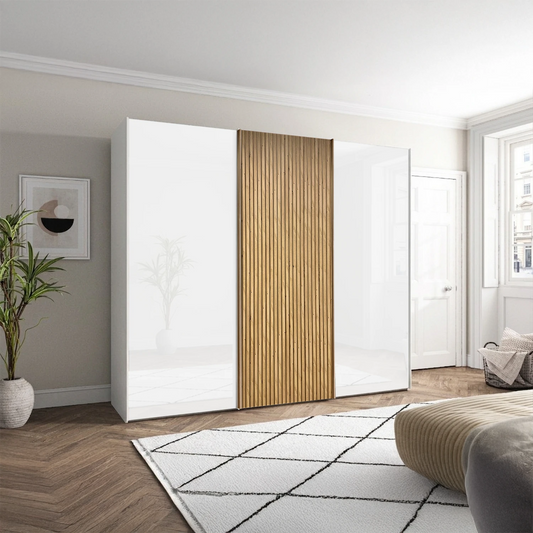 Wiemann Tulsa White Glass 3 Door Sliding Wardrobe with Oak Decking on Middle  Door - Width 250cm