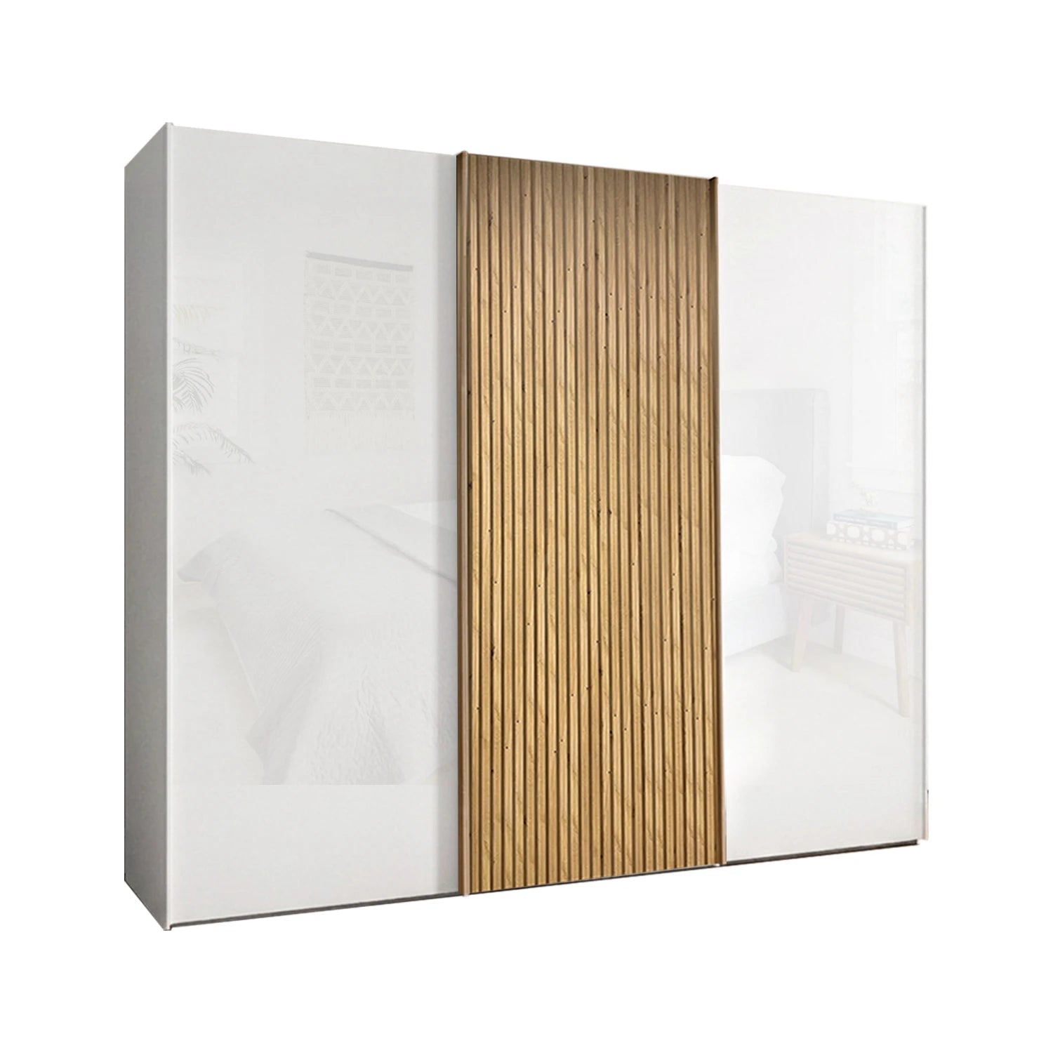 Wiemann Tulsa Large White Glass  Sliding Wardrobe with Oak Decking on Middle  Door - Width 280cm