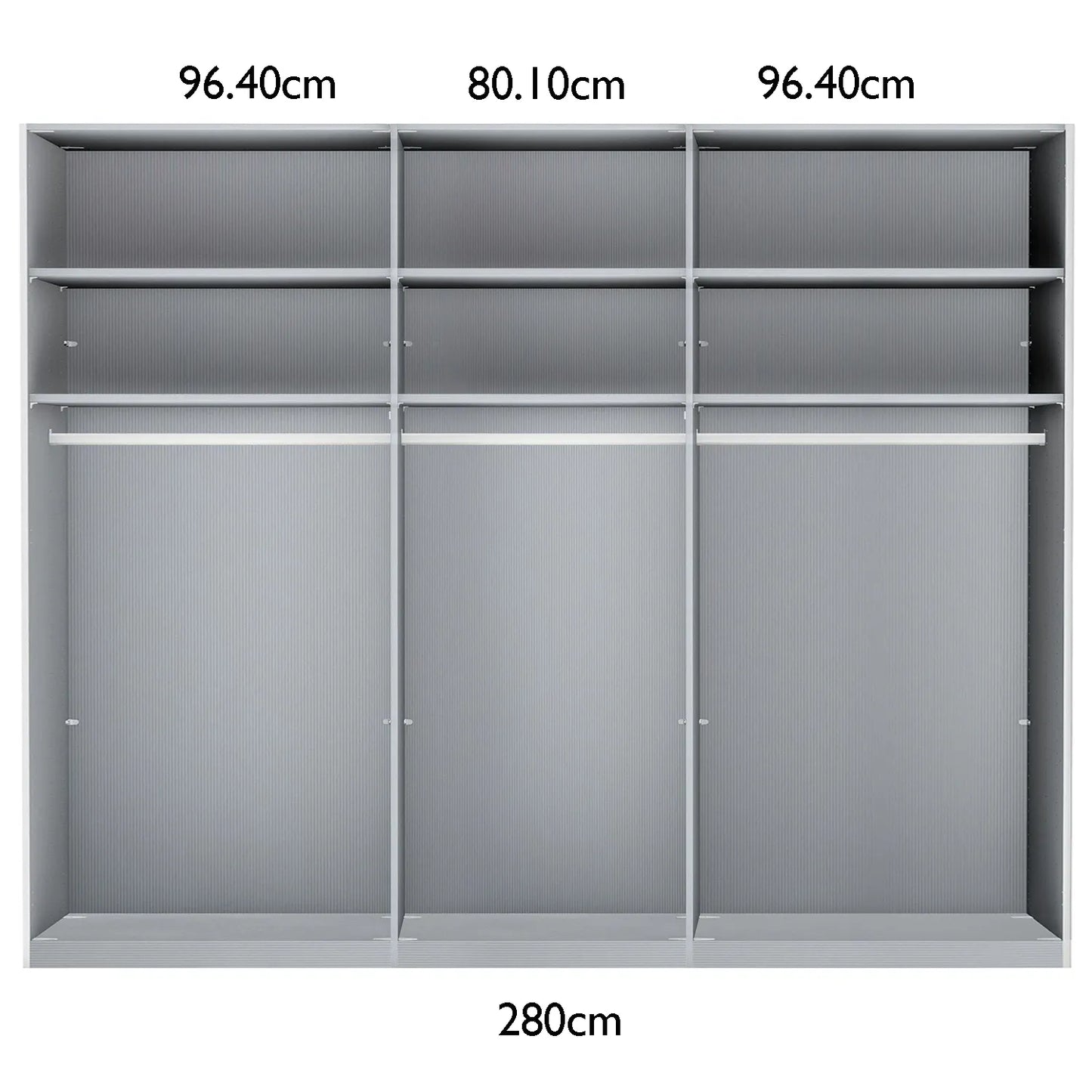 Wiemann 280cm Sliding Door Wardrobe Internal Compartments Layout with Dimensions on white Background 