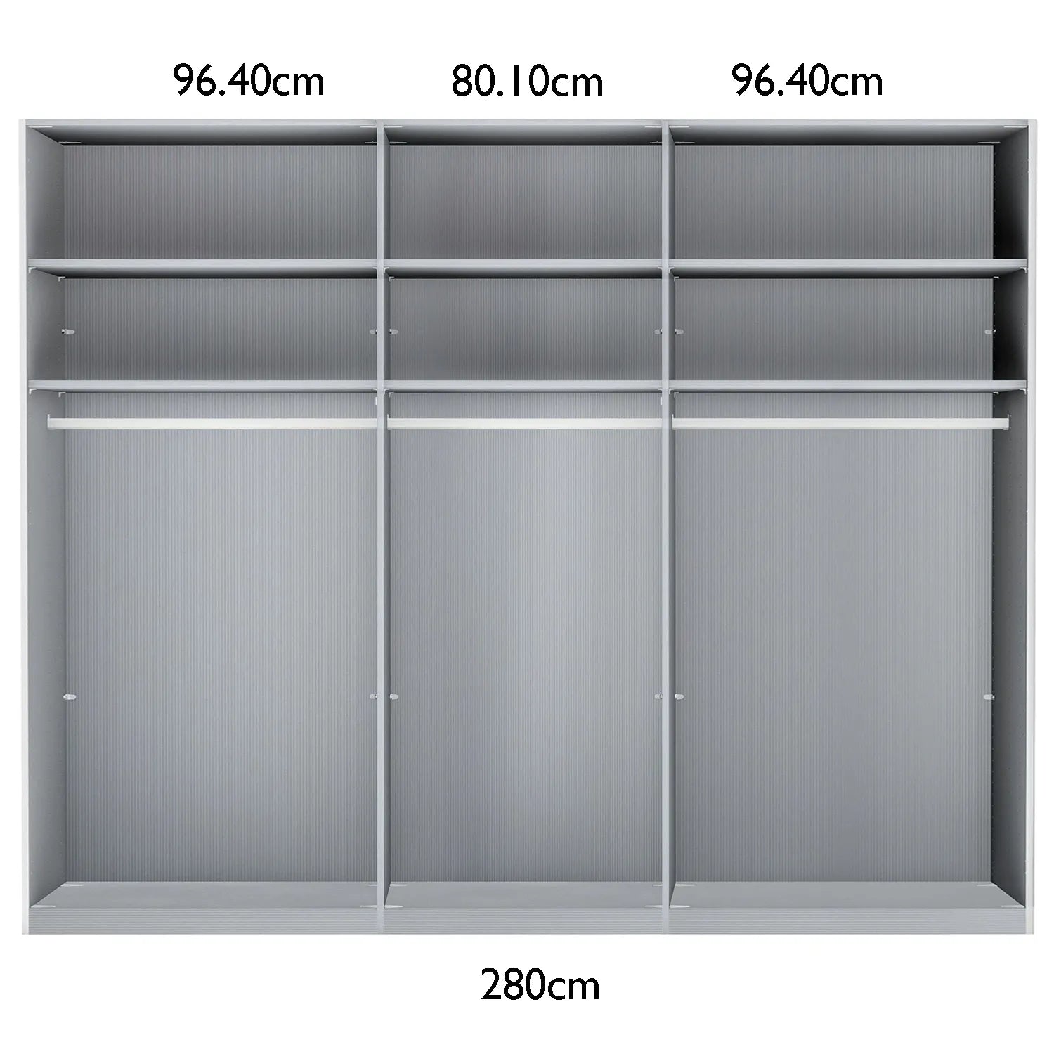 Wiemann 280cm Sliding Door Wardrobe Internal Compartments Layout with Dimensions on white Background 