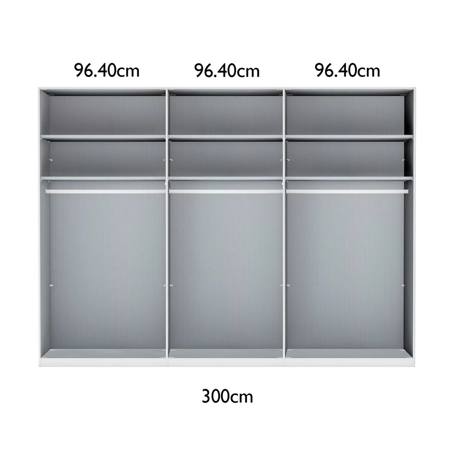 Wiemann 300cm Sliding Door Wardrobe Internal Compartments Layout with Dimensions on white Background 