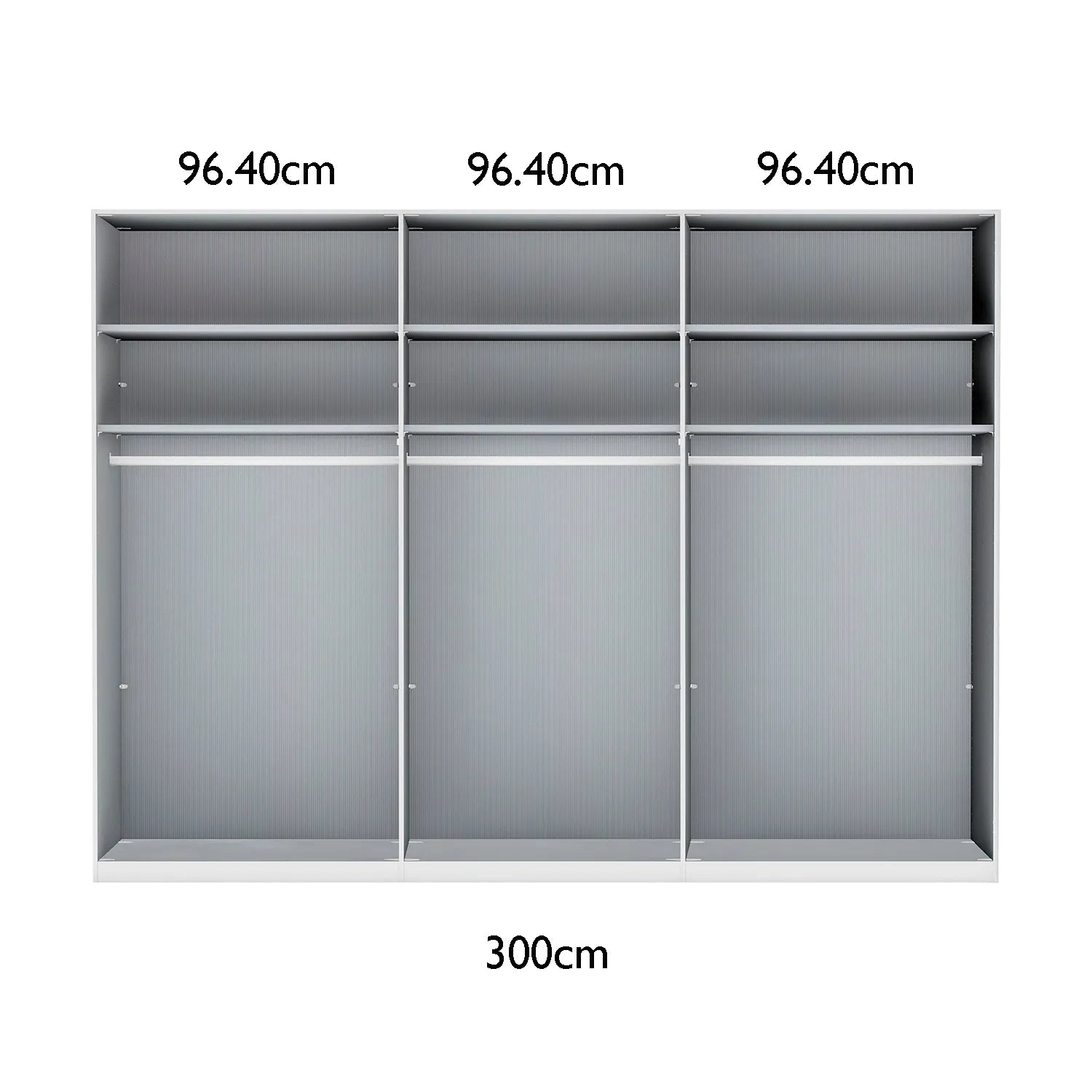 Wiemann 300cm Sliding Door Wardrobe Internal Compartments Layout with Dimensions on white Background 