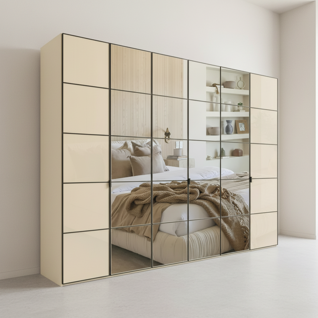 Zenith 300cm Champagne Glass 6 Door Wardrobe with Mirror