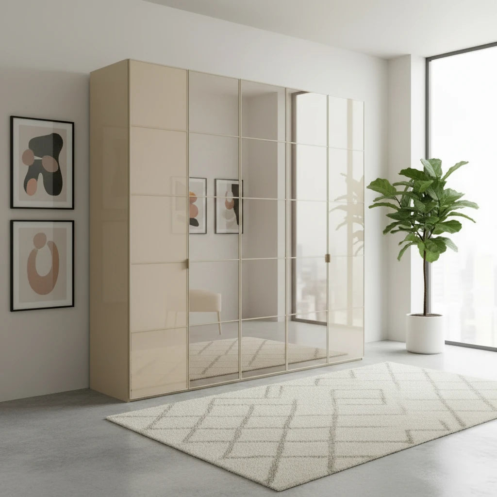 Zenith 250cm Champagne Glass 5 Door Wardrobe with Mirror