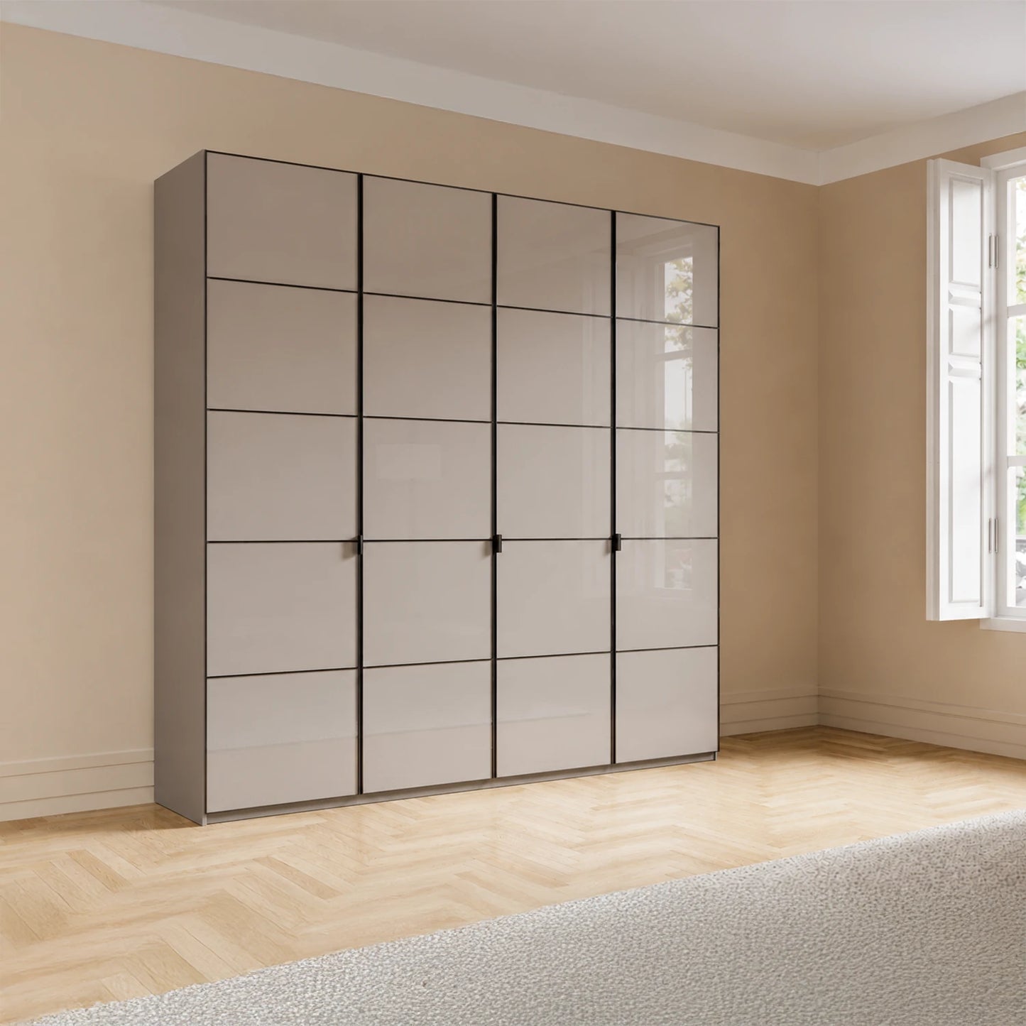 Zenith Havana glass 4 door wardrobe 200cm with trim options and optional mirrors. Premium Wiemann design with FREE delivery & assembly.