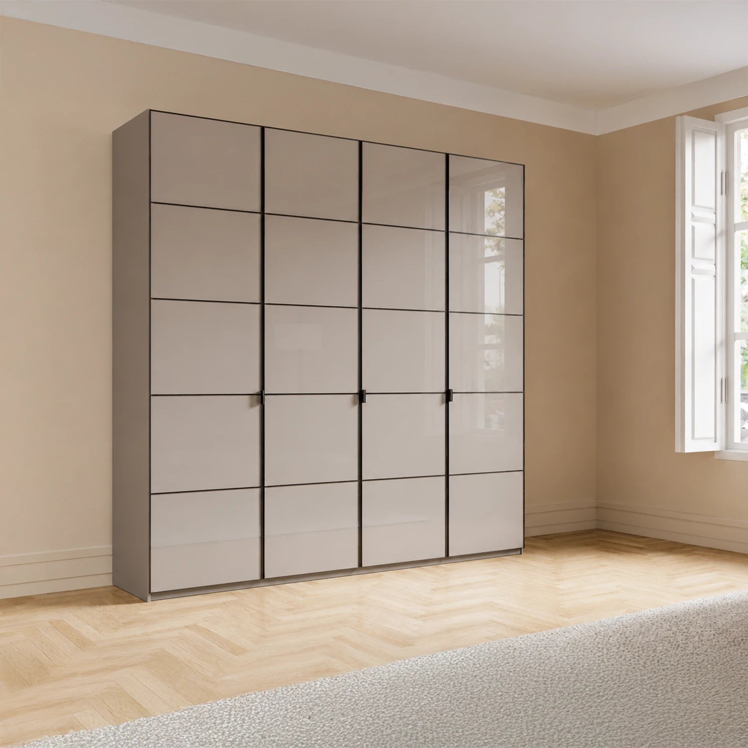 Zenith Havana glass 4 door wardrobe 200cm with trim options and optional mirrors. Premium Wiemann design with FREE delivery & assembly.