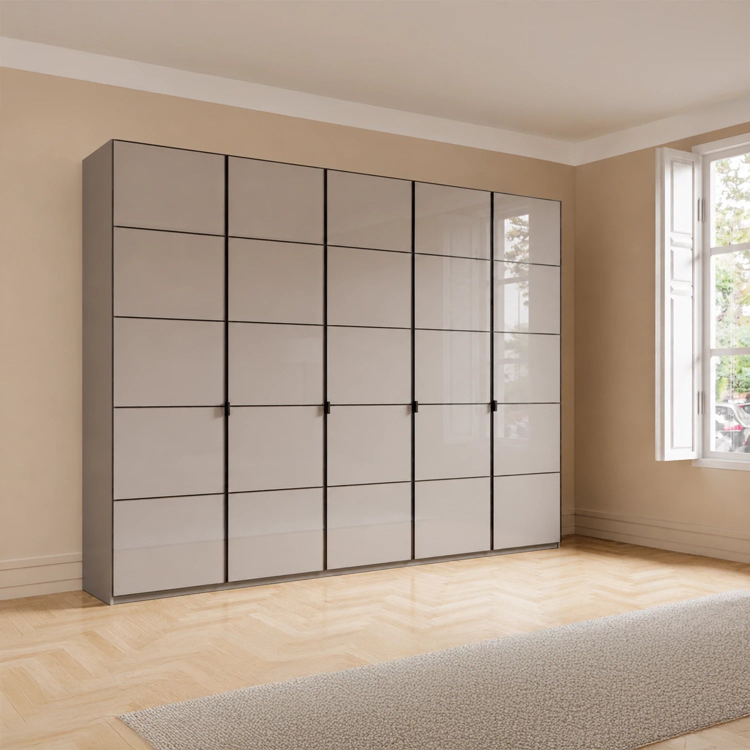 Zenith Havana glass 5 door wardrobe 250cm with mirror options and custom layouts. Premium Wiemann design with FREE delivery & assembly
