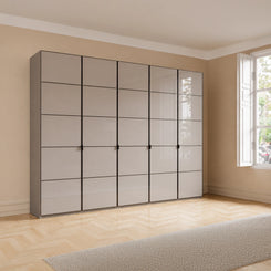 Zenith Havana glass 5 door wardrobe 250cm with mirror options and custom layouts. Premium Wiemann design with FREE delivery & assembly