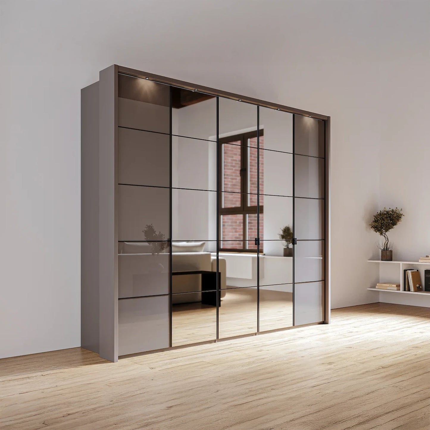 Zenith 250cm Havana Glass 5 Door Wardrobe - W250cm