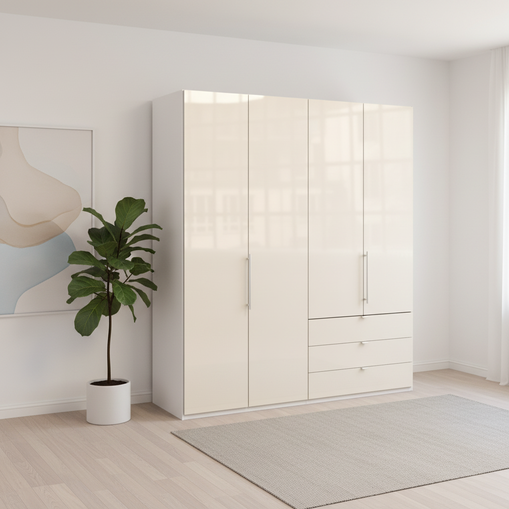 Wiemann Loft 4 Doors & 3 Drawers With Bi-Fold Doors Wardrobe in Glass Mangolia styled in a modern room
