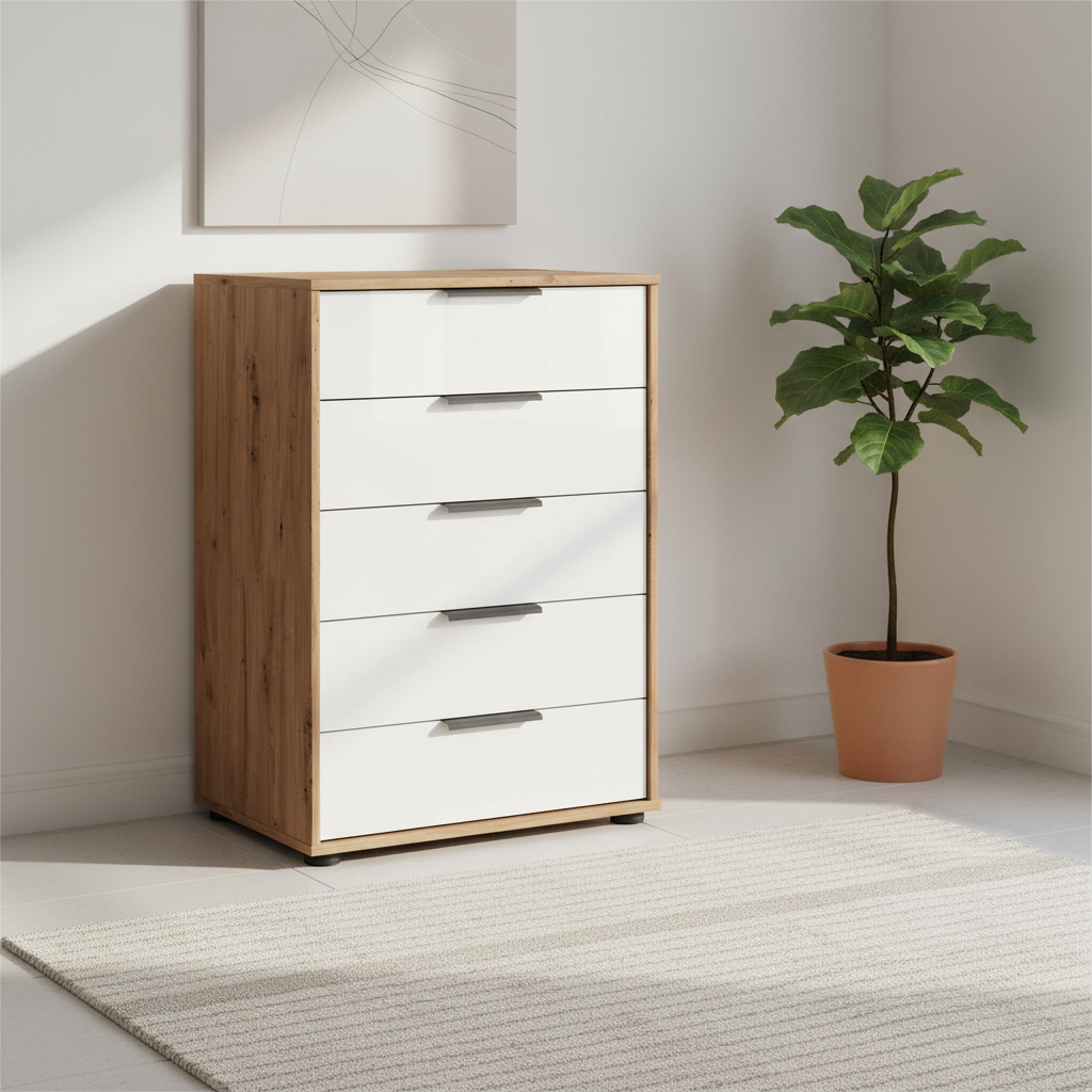 Wiemann Saka 5 drawer glass chest in White Oak