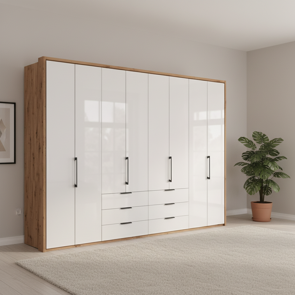 Wiemann Saka 300cm bi-fold wardrobe with 8 glass doors and 6 glass drawers
