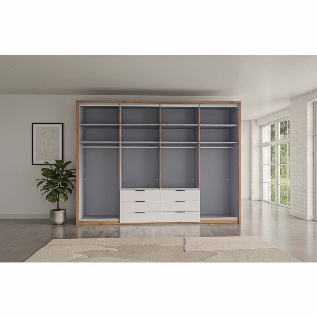 Contemporary Saka wardrobe with glass bi-fold doors and drawers