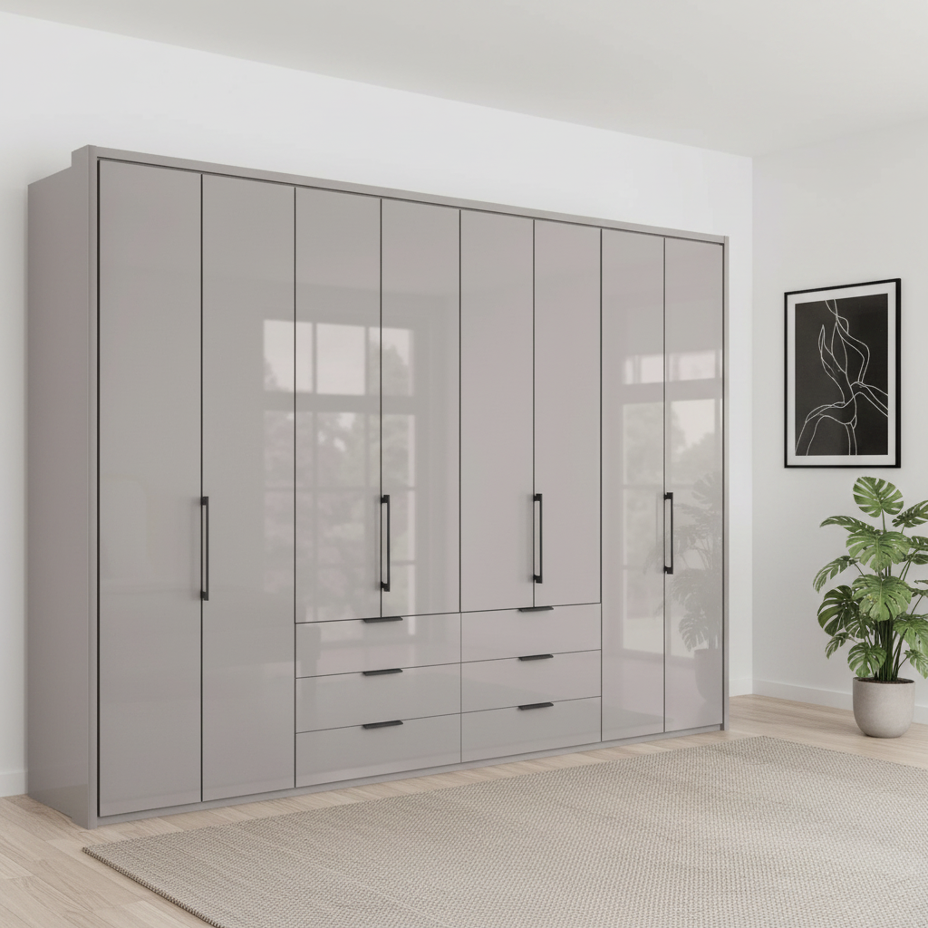 Wiemann Saka 300cm Bi-Fold Wardrobe With 8 Glass Doors & 6 Glass Drawers with Pebble Grey Carcase