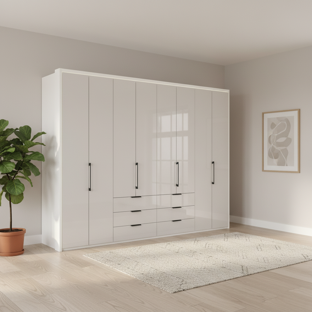 Wiemann Saka 300cm Bi-Fold Wardrobe With 8 Glass Doors & 6 Glass Drawers with White Carcase
