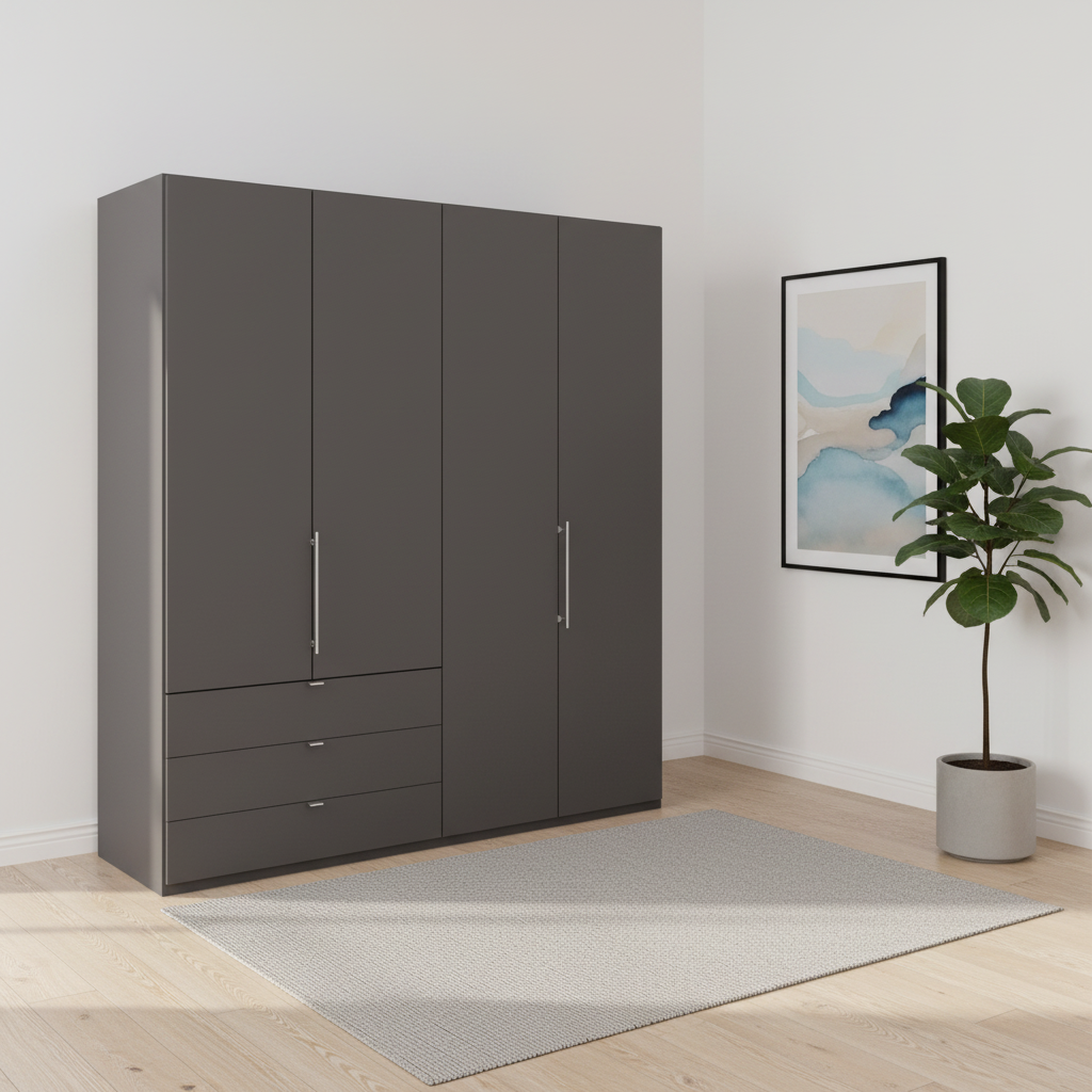 Wiemann Loft 4 Doors & 3 Drawers With Bi-Fold Doors Wardrobe in Havana styled in a modern room