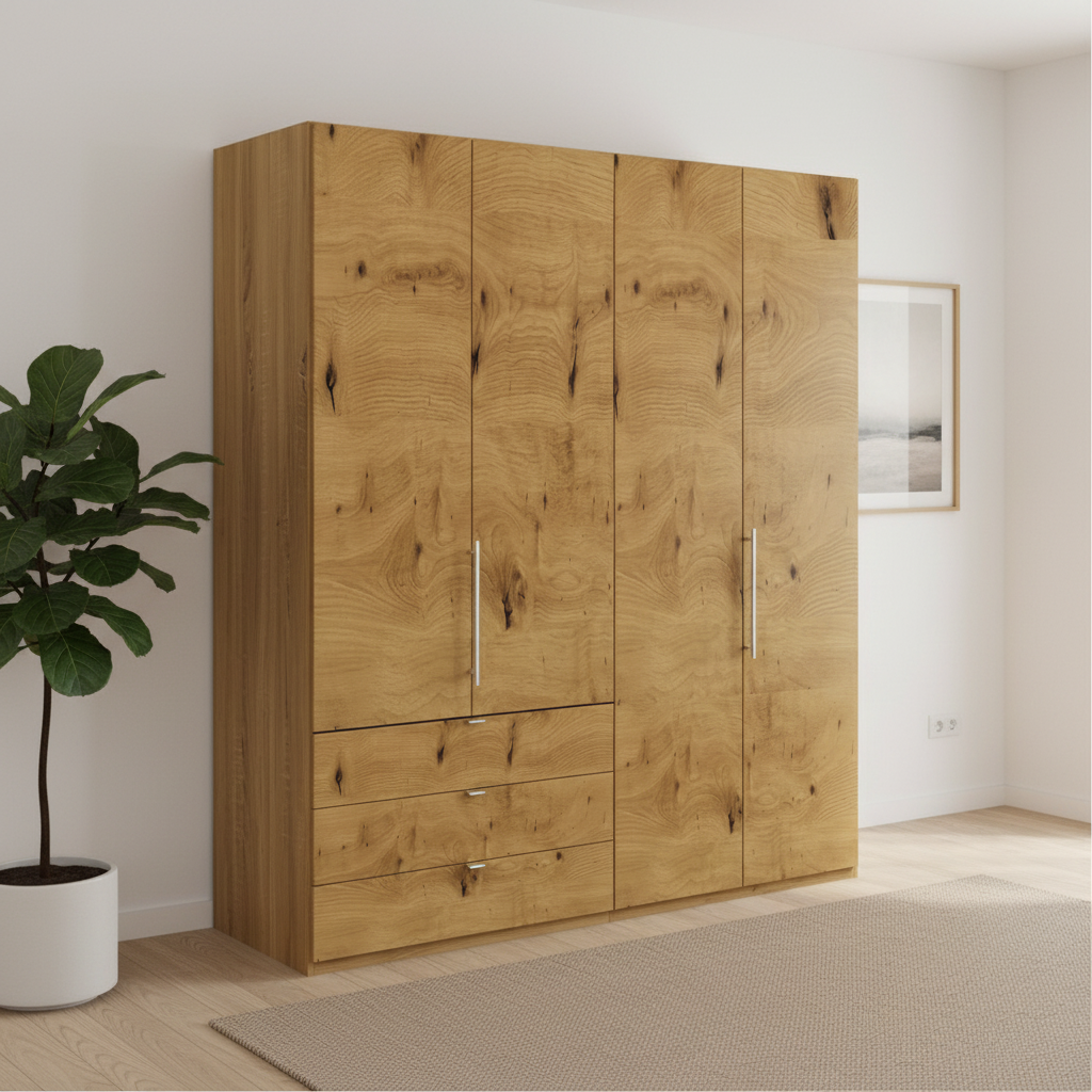 Wiemann Loft 4 Doors & 3 Drawers With Bi-Fold Doors Wardrobe in Bianco Oak styled in a modern room
