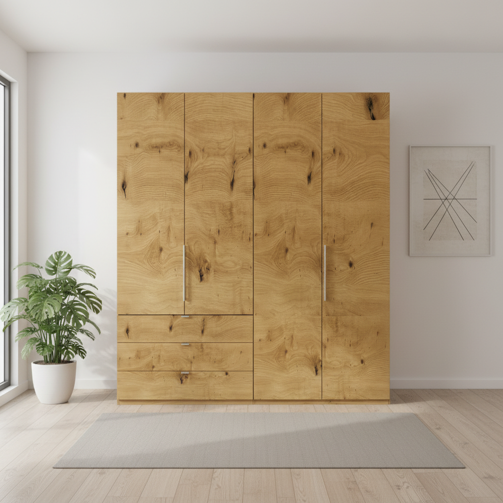 Wiemann Loft 4 Doors & 3 Drawers With Bi-Fold Doors Wardrobe in Bianco Oak Front view