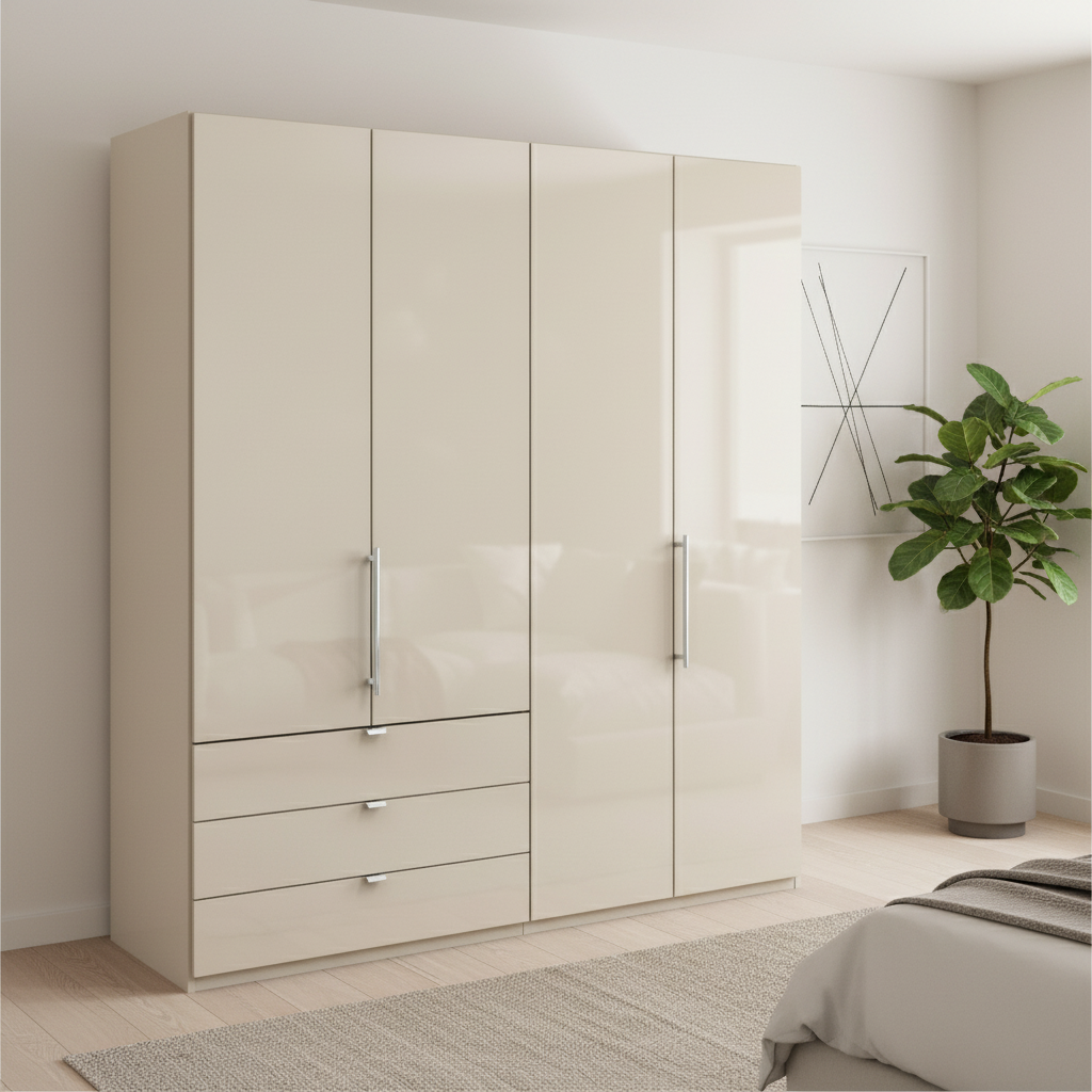 Wiemann Loft 4 Doors & 3 Drawers With Bi-Fold Doors Wardrobe in Glass Champagne styled in a modern room