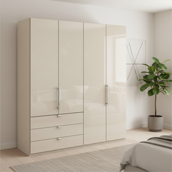 Wiemann Loft 4 Doors & 3 Drawers With Bi-Fold Doors Wardrobe in Glass Champagne styled in a modern room