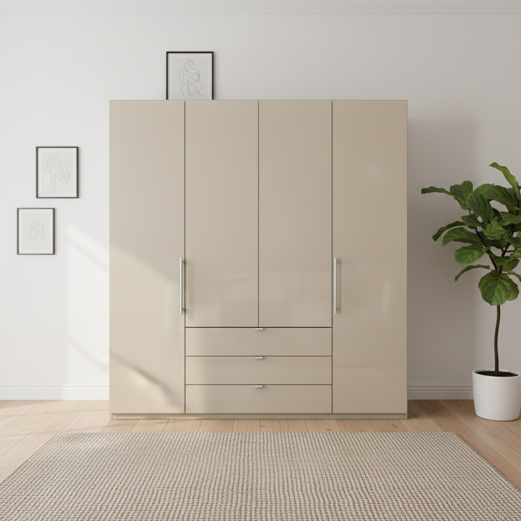 Wiemann Loft 4 Doors & 3 Drawers With Bi-Fold Doors Wardrobe in Glass Champagne Front view