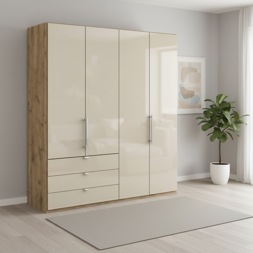 Wiemann Loft 4 Doors & 3 Drawers With Bi-Fold Doors Wardrobe in Glass Champagne with Bianco Oak Carcase