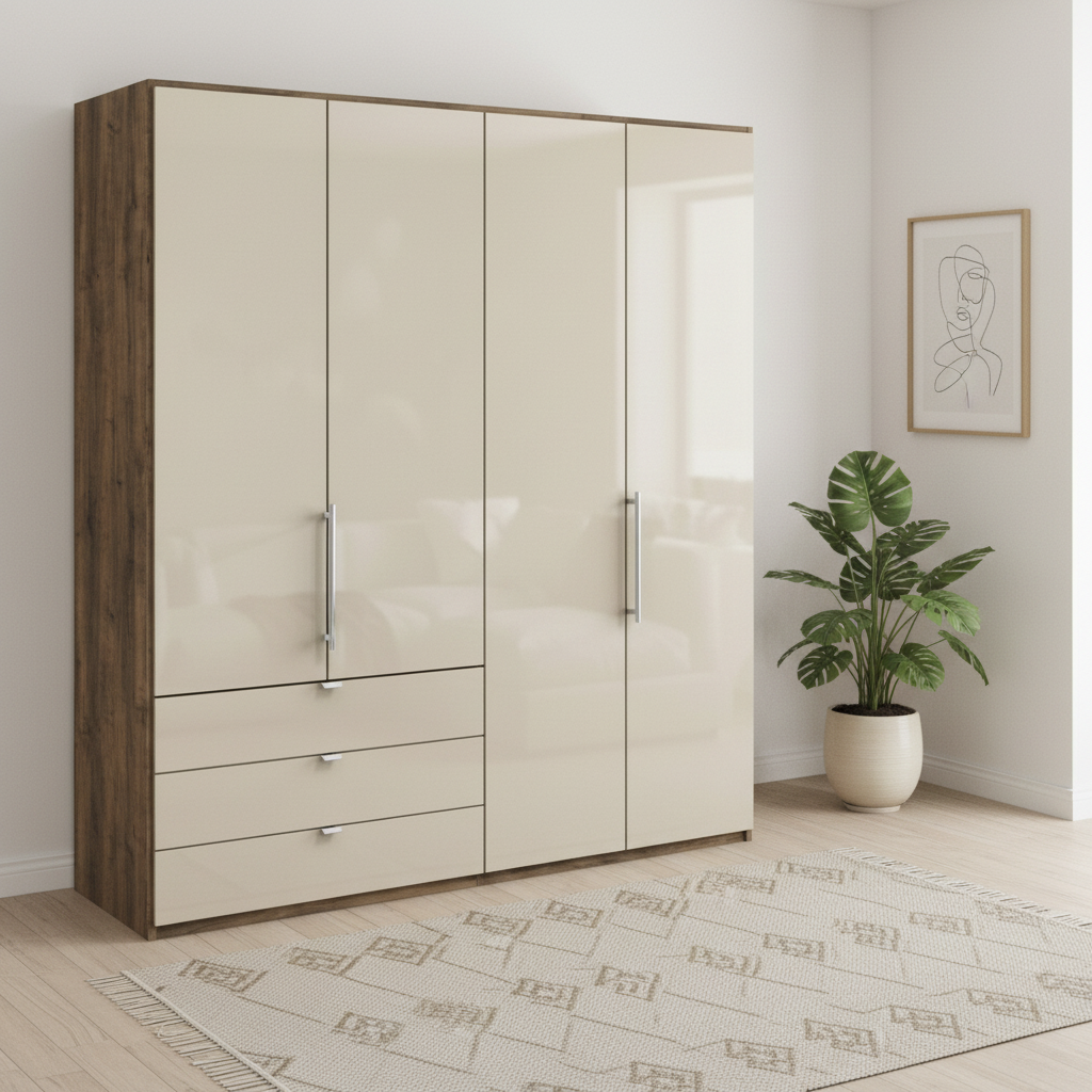 Wiemann Loft 4 Doors & 3 Drawers With Bi-Fold Doors Wardrobe in Glass Champagne with Dark Rustic Oak Carcase