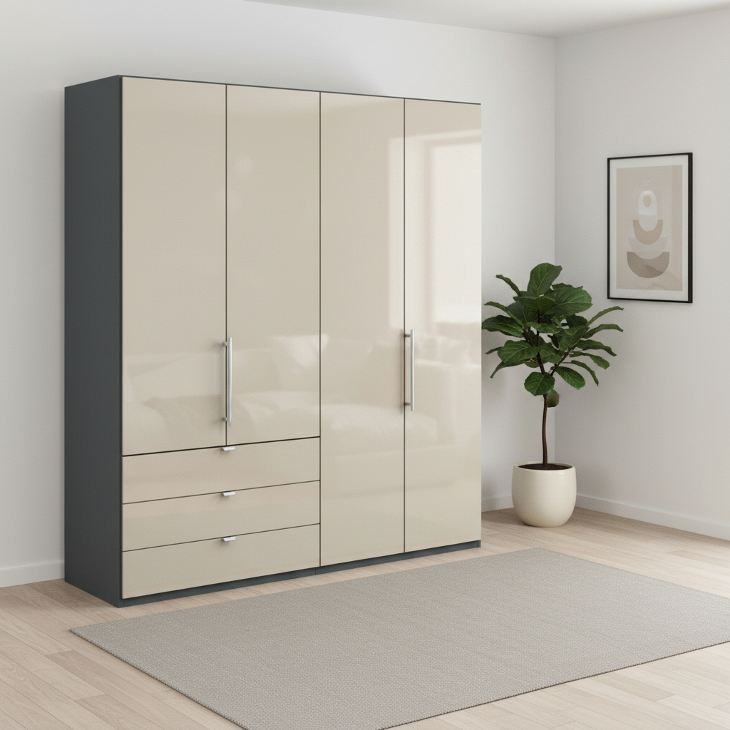 Wiemann Loft 4 Doors & 3 Drawers With Bi-Fold Doors Wardrobe in Glass Champagne with Havana Carcase