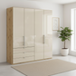Wiemann Loft 4 Doors & 3 Drawers With Bi-Fold Doors Wardrobe in Glass Champagne with Rustic Oak Carcase