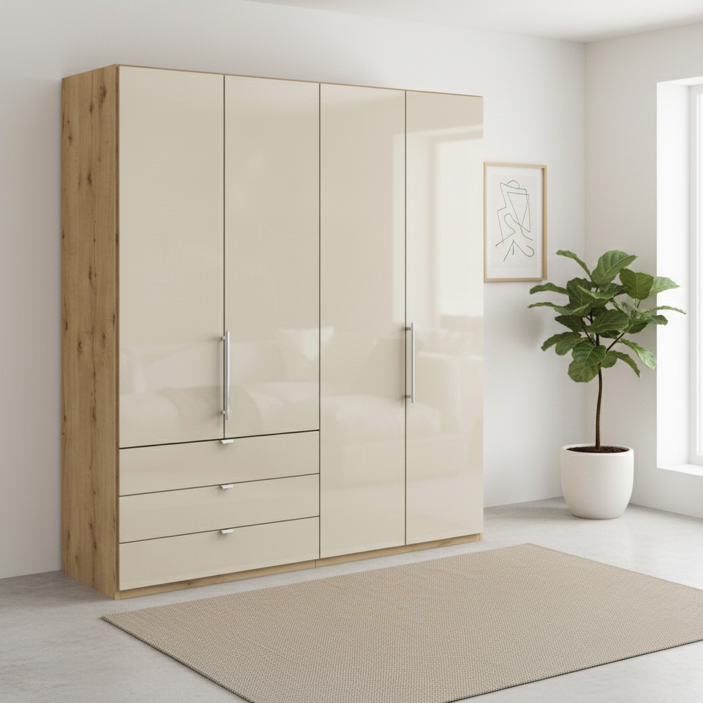 Wiemann Loft 4 Doors & 3 Drawers With Bi-Fold Doors Wardrobe in Glass Champagne with Rustic Oak Carcase