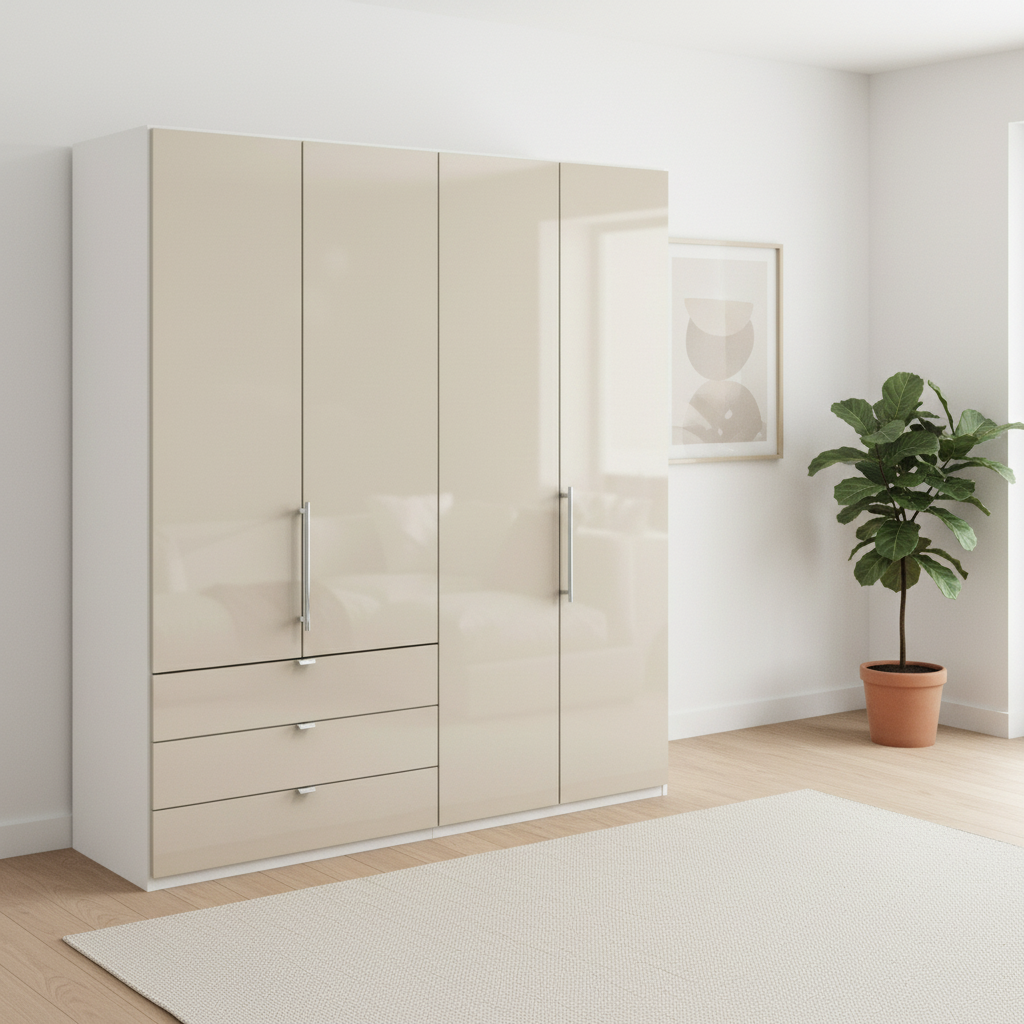 Wiemann Loft 4 Doors & 3 Drawers With Bi-Fold Doors Wardrobe in Glass Champagne with White Carcase