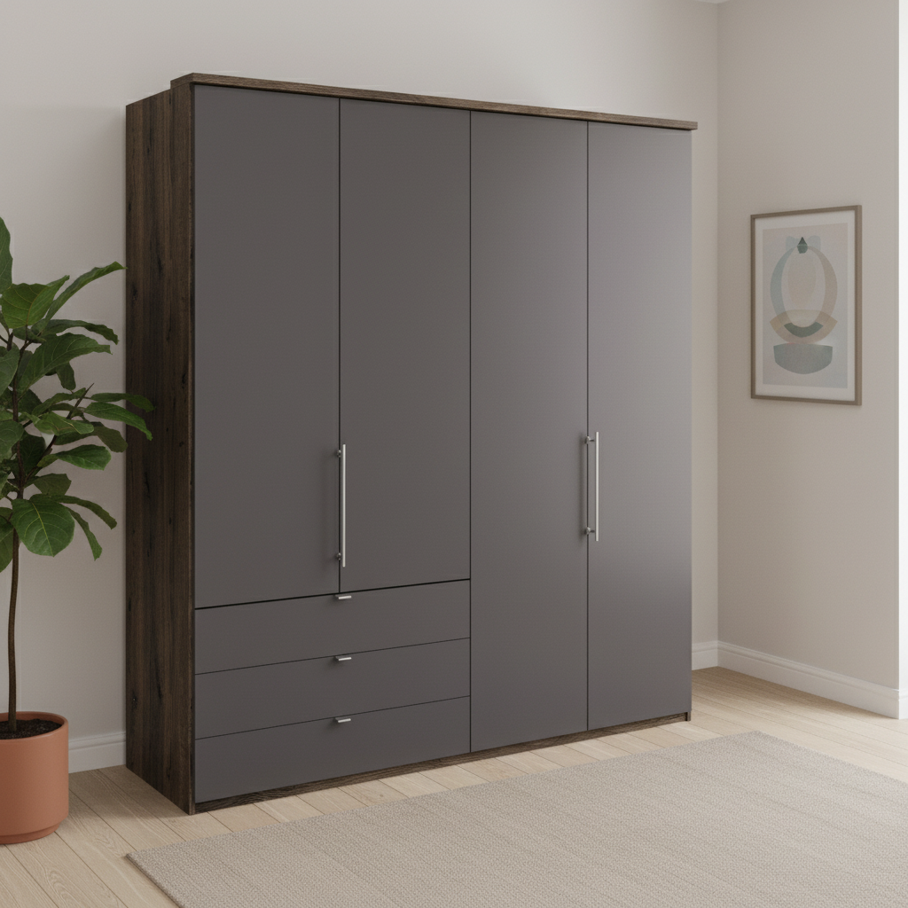 Wiemann Loft 4 Doors & 3 Drawers With Bi-Fold Doors Wardrobe in Havana with Dark Rustic Oak Carcase