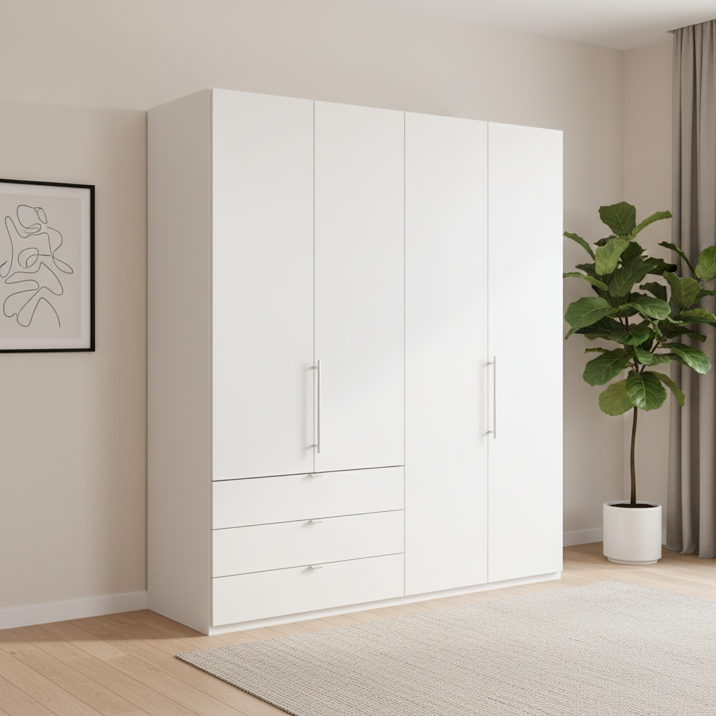 Wiemann Loft 4 Doors & 3 Drawers Hinged Wardrobe in White styled in a modern room