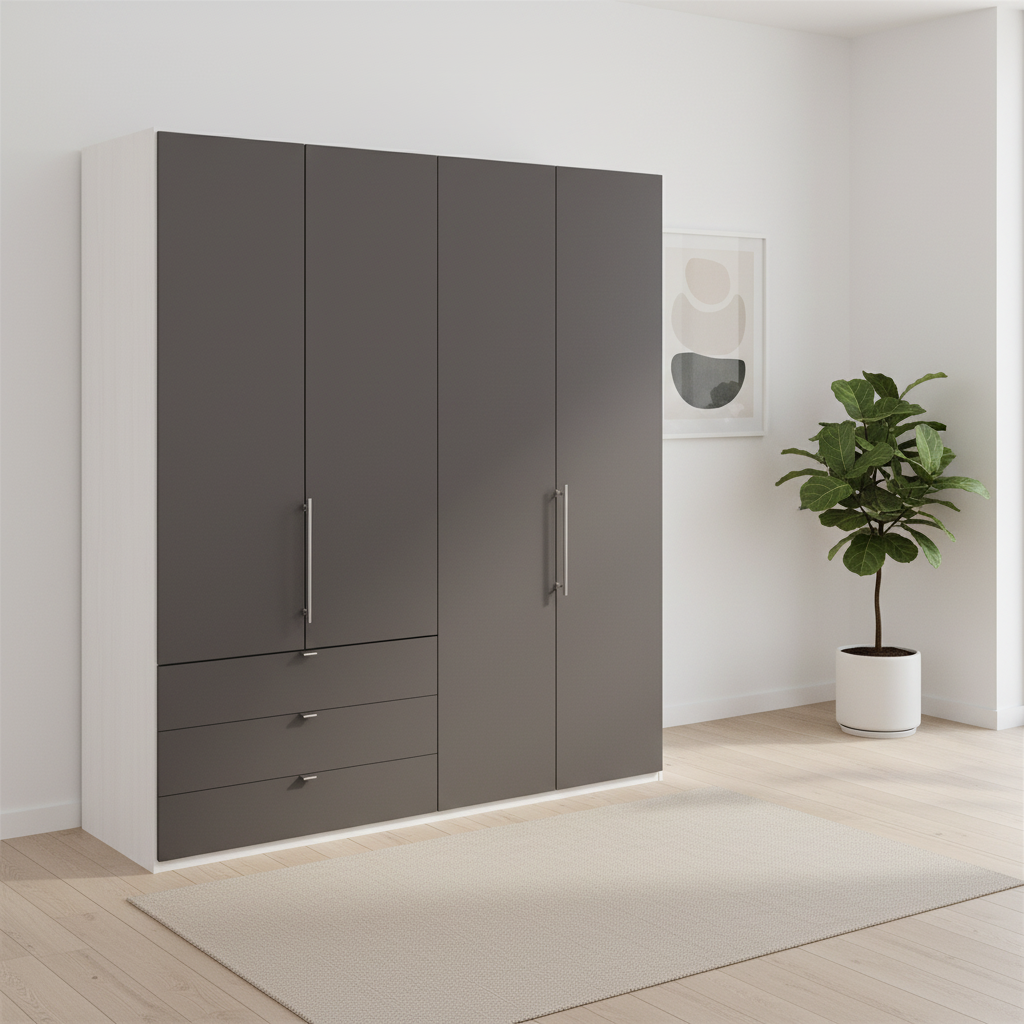 Wiemann Loft 4 Doors & 3 Drawers With Bi-Fold Doors Wardrobe in Havana with White Carcase