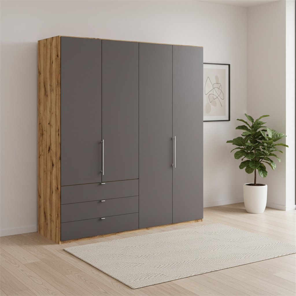 Wiemann Loft 4 Doors & 3 Drawers With Bi-Fold Doors Wardrobe in Havana with Rustic Oak Carcase