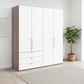 Wiemann Loft 4 Doors & 3 Drawers Hinged Wardrobe in White with Dark Rustic Oak Carcase styled in a modern bedroom