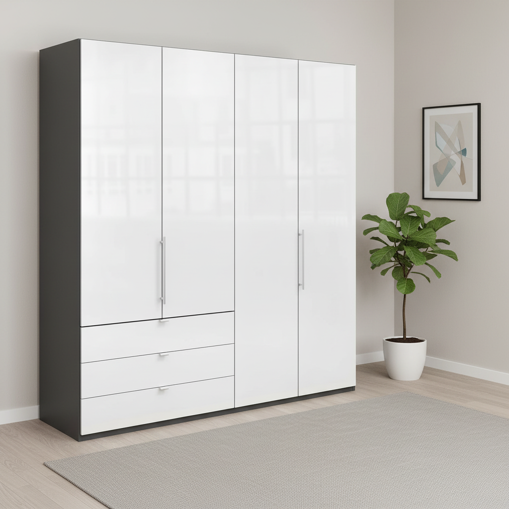 Wiemann Loft 4 Doors & 4 Drawers Hinged Wardrobe in White with Havana Carcase styled in a modern bedroom