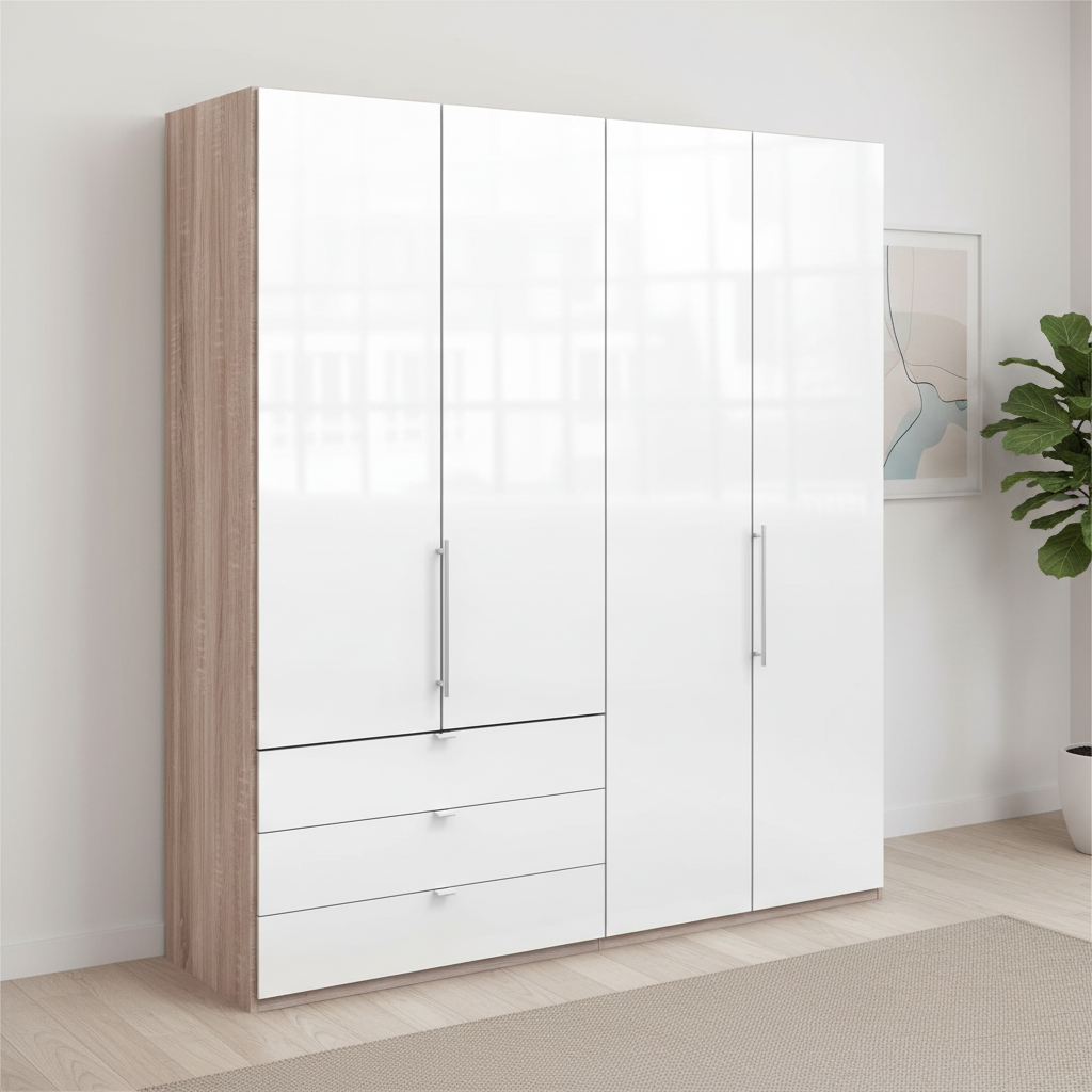 Wiemann Loft 4 Doors & 3 Drawers Hinged Wardrobe in White with Rustic  Oak Carcase styled in a modern bedroom