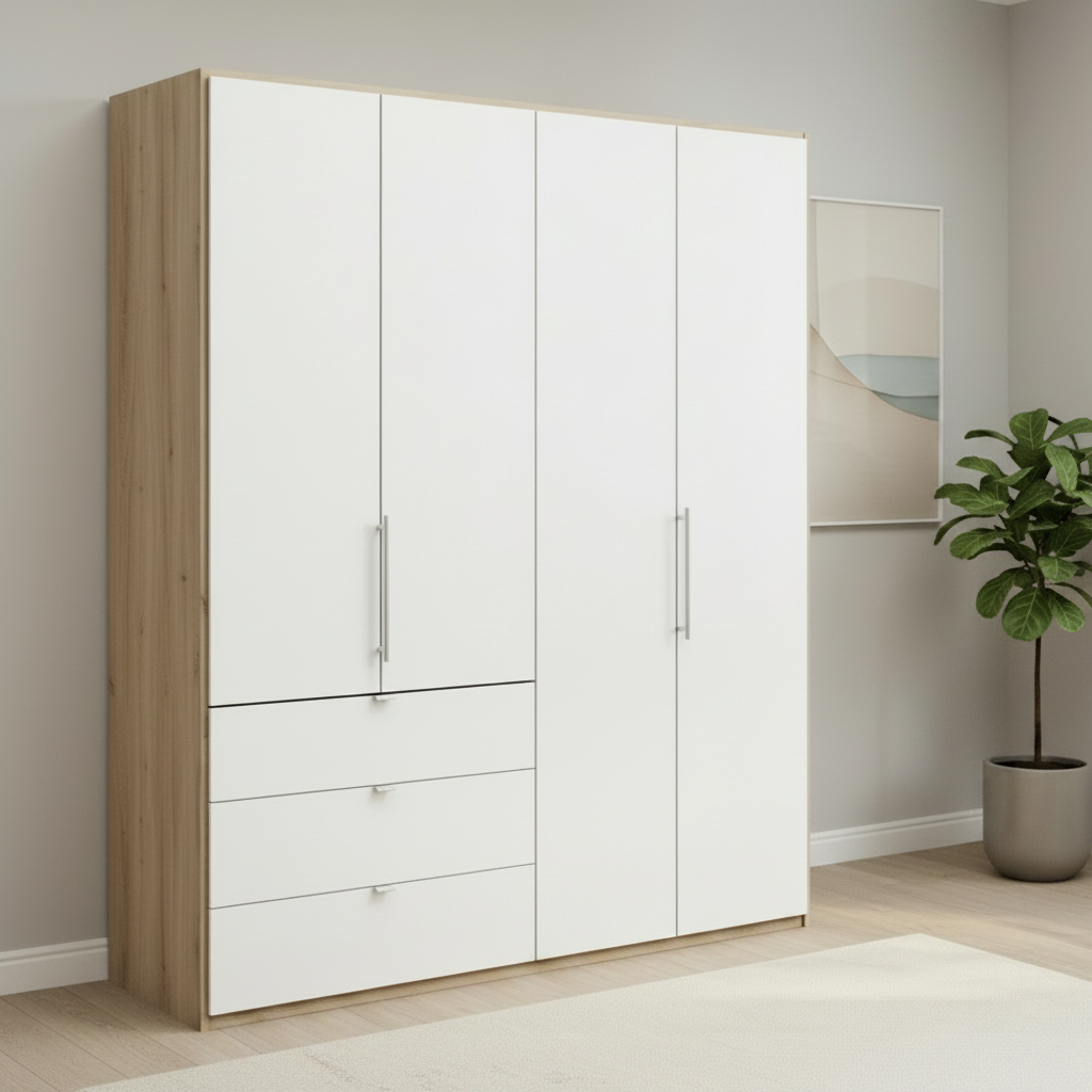 Wiemann Loft 4 Doors & 4 Drawers Hinged Wardrobe in White with Bianco Oak Carcase styled in a modern bedroom