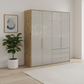 Wiemann Loft 4 Doors & 3 Drawers With Bi-Fold Doors Wardrobe in Glass Pebble Grey with Bianco Oak Carcase