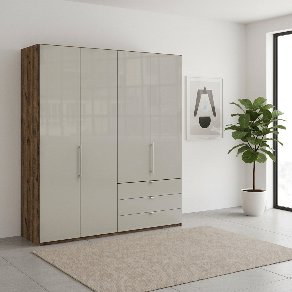 Wiemann Loft 4 Doors & 3 Drawers With Bi-Fold Doors Wardrobe in Glass Pebble Grey