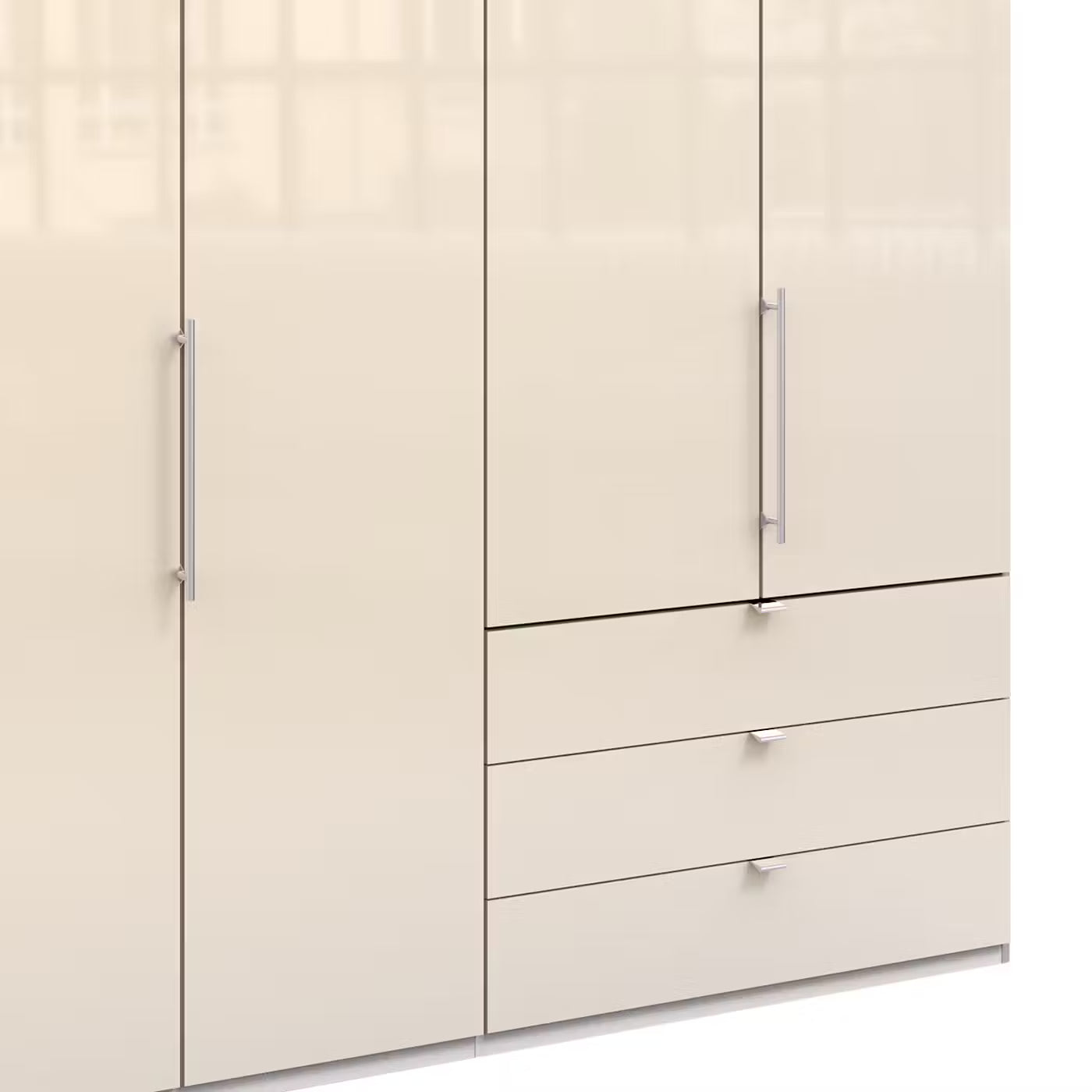 Wiemann Loft 4 Doors & 3 Drawers With Bi-Fold Doors Wardrobe in Glass Mangolia Drawers Closeup view