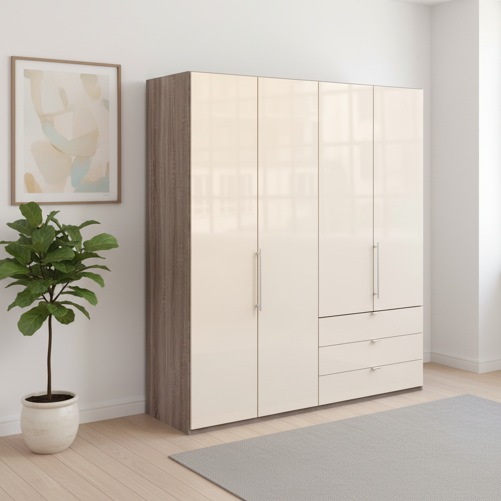Wiemann Loft 4 Doors & 3 Drawers With Bi-Fold Doors Wardrobe in Glass Mangolia with Dark Rustic Oak Carcase