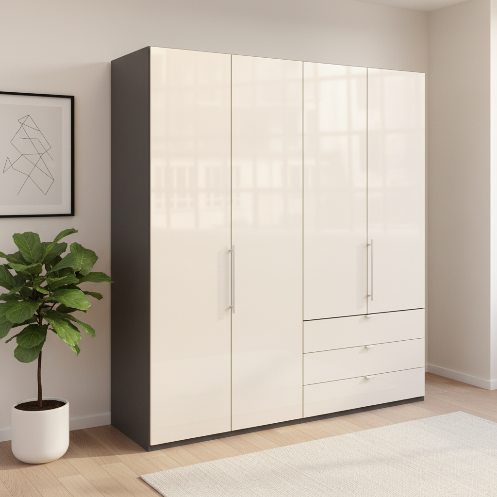 Wiemann Loft 4 Doors & 3 Drawers With Bi-Fold Doors Wardrobe in Glass Mangolia with Havana Carcase